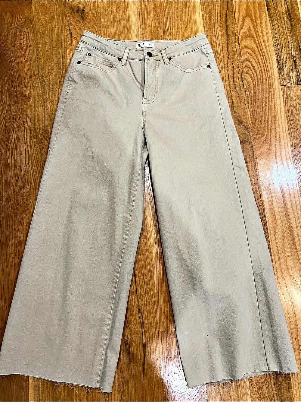 Oat New York High Rise Crop Wide Leg Raw Hem Jeans khaki  Waist 28